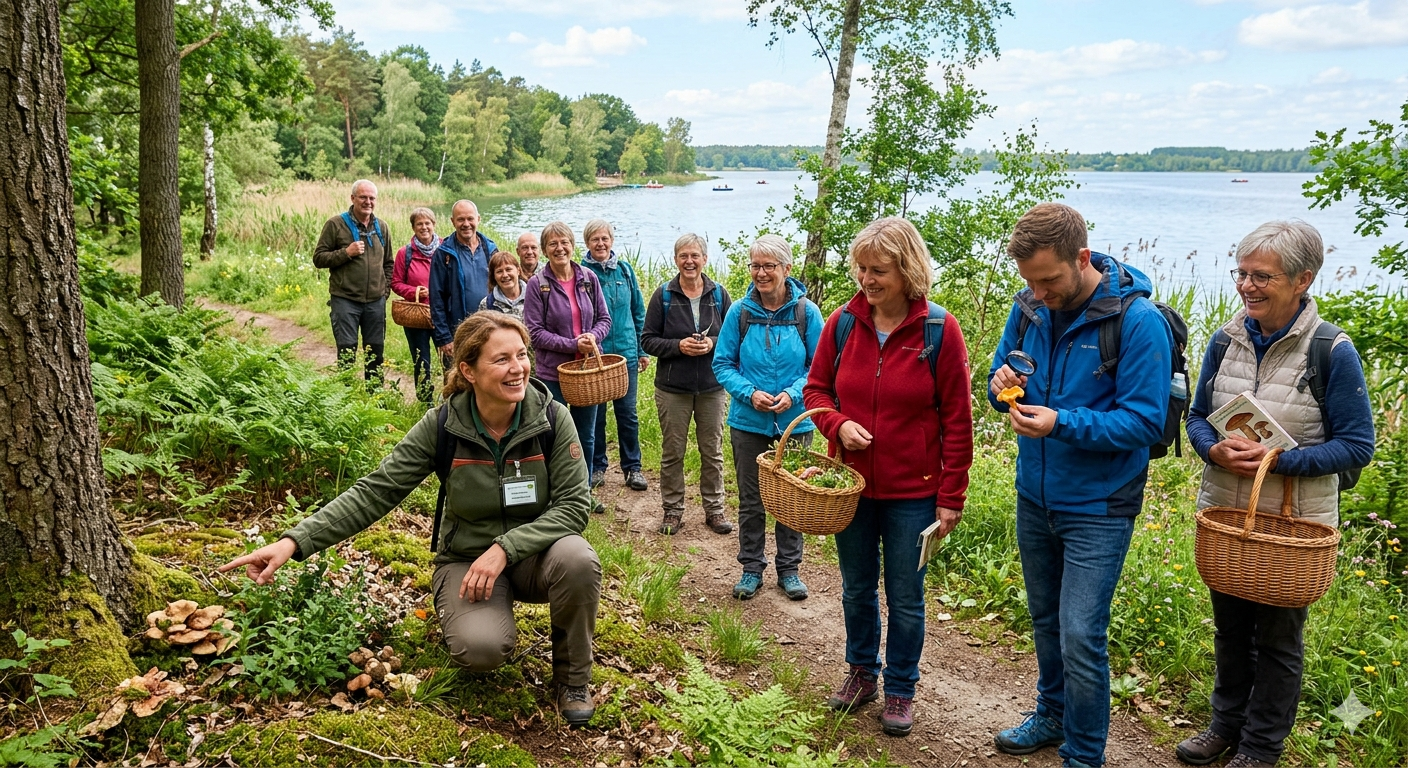 Das KI-generierte Foto zeigt eine gut gelaunte Wandergruppe mit Körben auf einem Pfad am Seeufer. Eine Naturführerin kniet links und zeigt auf Pilze an einem Baumstamm, während die Teilnehmer interessiert zuschauen.