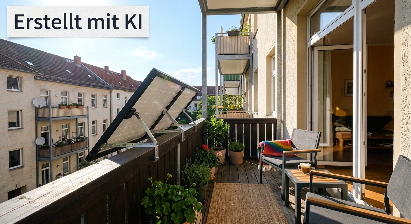 Gemütlich eingerichteter Balkon an einem Sonnentag mit zwei Stühlen, Holztisch und Pflanzen. Am Balkongeländer ist ein kleines Solarmodul montiert. Oben links im Bild befindet sich der Schriftzug „Erstellt mit KI“.