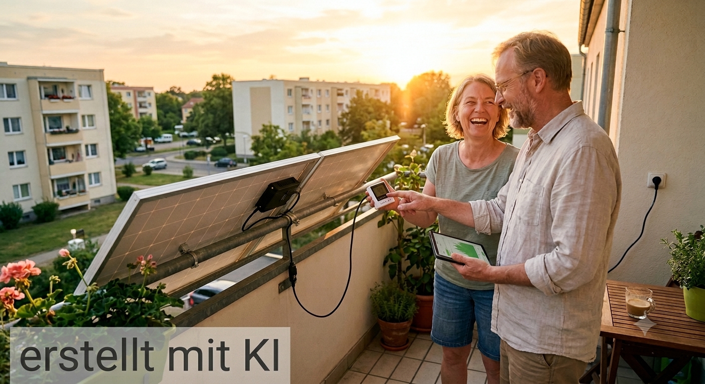 Glückliches älteres Paar auf dem Balkon im Sonnenuntergang mit installiertem Balkonkraftwerk und Ertragsanzeige auf Tablet und Steuergerät; unten links der Schriftzug „erstellt mit KI“ Glückliches älteres Paar auf dem Balkon im Sonnenuntergang mit installiertem Balkonkraftwerk und Ertragsanzeige auf Tablet und Steuergerät; unten links der Schriftzug „erstellt mit KI
