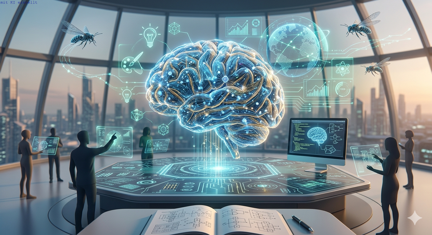 Ein leuchtendes, digitales Gehirn aus Datennetzwerken schwebt im Zentrum eines futuristischen Raumes und symbolisiert Künstliche Intelligenz und globale Vernetzung.