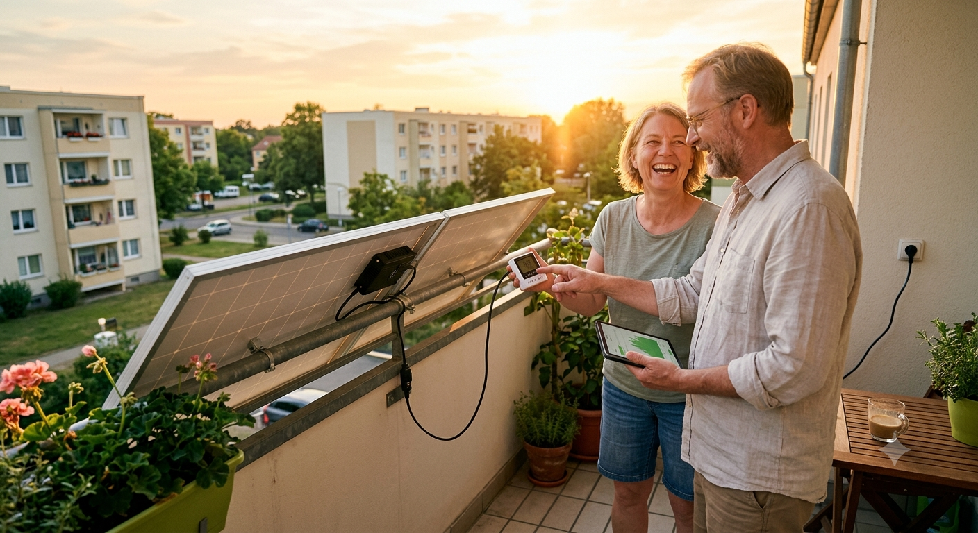 Ein gut gelauntes Paar mittleren Alters steht auf einem sonnigen Balkon mit Blick auf Wohnblocks. Sie prüfen begeistert die Leistungsdaten eines am Geländer montierten Balkonkraftwerks auf einem Display und einem Tablet.