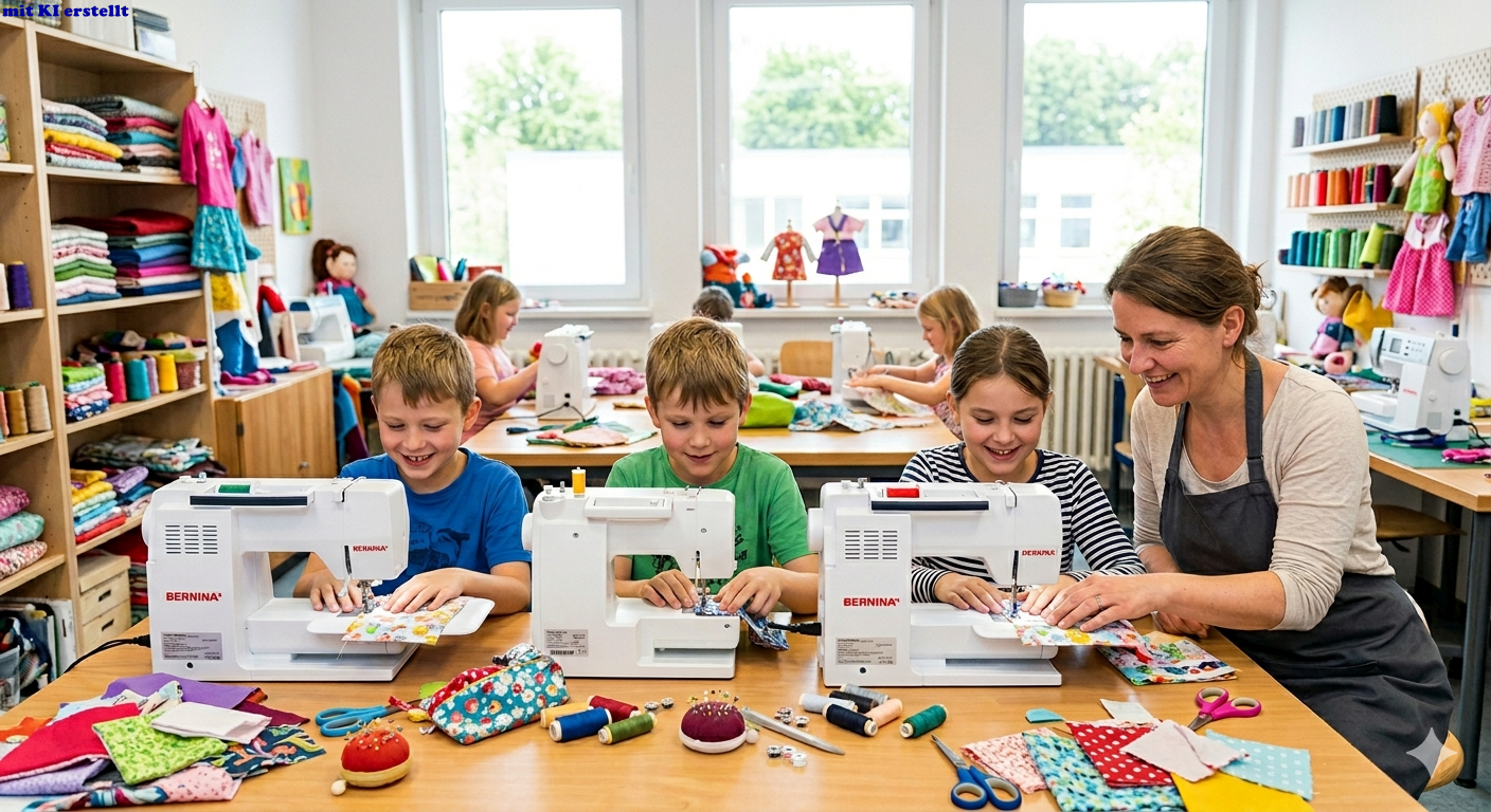Ein helles Klassenzimmer, in dem drei fröhliche Kinder an Nähmaschinen sitzen, während eine Lehrerin einem der Kinder hilft. Der Raum ist voller bunter Stoffe, Fäden und Puppen, und im Hintergrund nähen weitere Kinder. Die Atmosphäre ist kreativ und