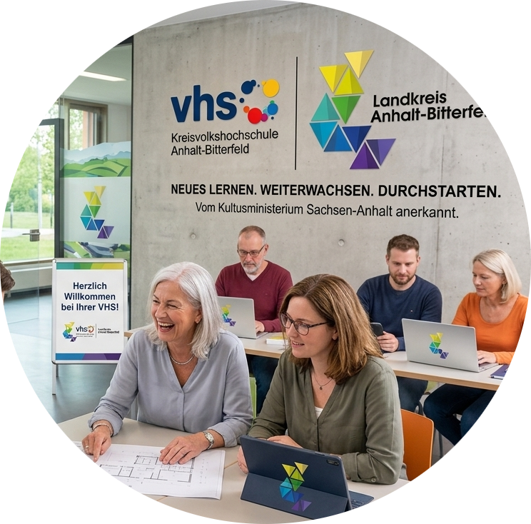 Menschen verschiedener Altersgruppen lernen gemeinsam in einem modernen, hellen Seminarraum der Kreisvolkshochschule Anhalt-Bitterfeld. An der Wand sind die Logos der KVHS und des Landkreises sowie der Slogan Neues lernen. Weiterwachsen. Durchstarten. zu sehen.