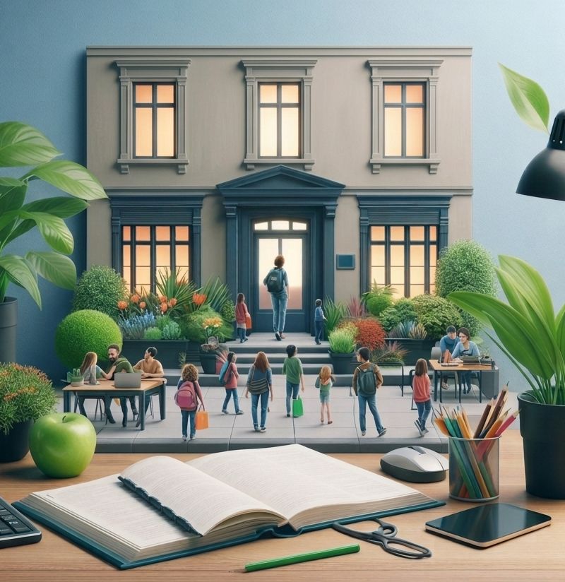 Illustration eines Schul- oder Bürogebäudes mit Menschen im Außenbereich und Schreibtisch-Utensilien im Vordergrund für die Ferien-Öffnungszeiten