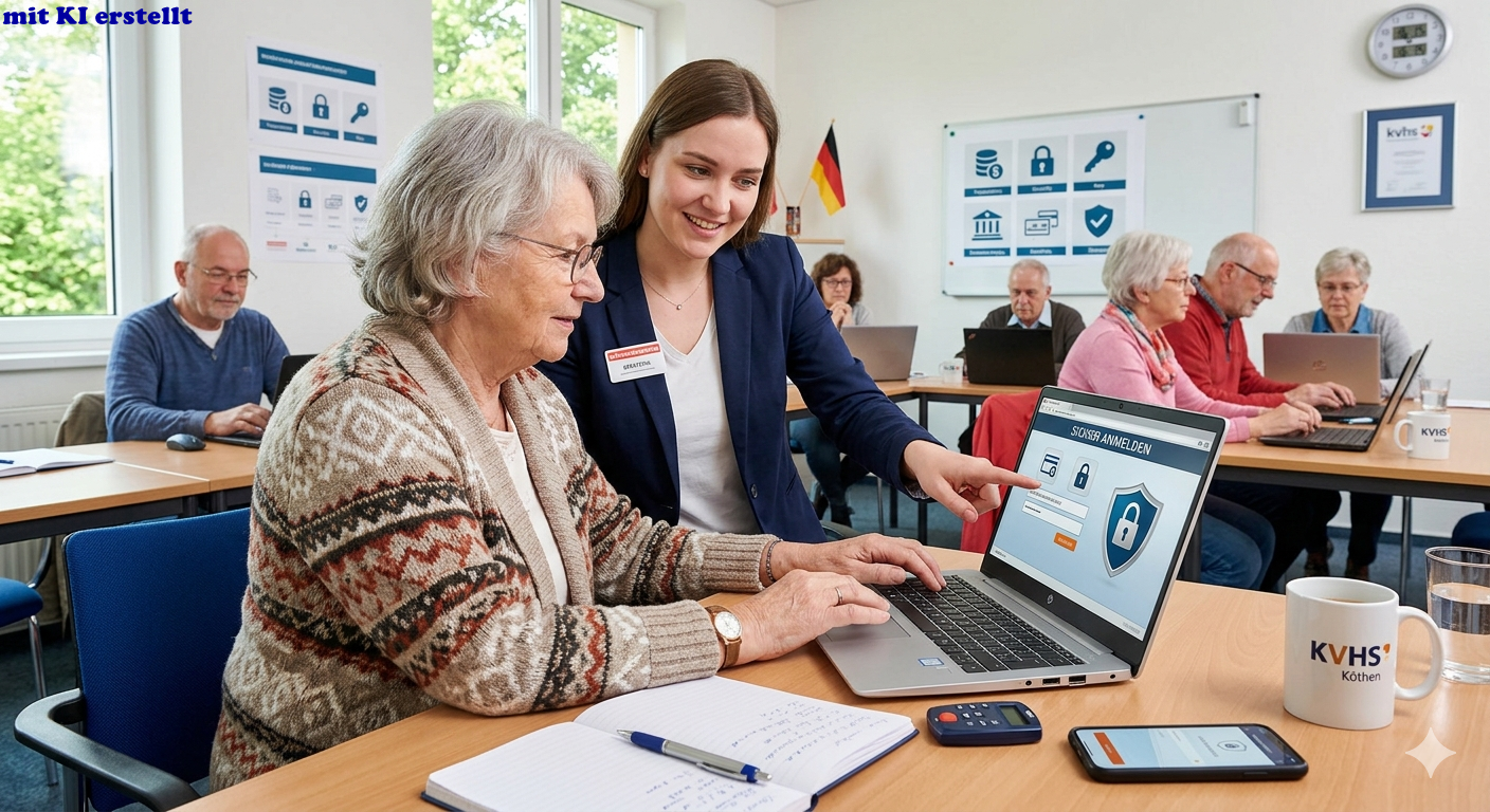 Eine freundliche Beraterin erklärt einer älteren Frau an einem Laptop in einem Kursraum der Kreisvolkshochschule das sichere Onlinebanking.