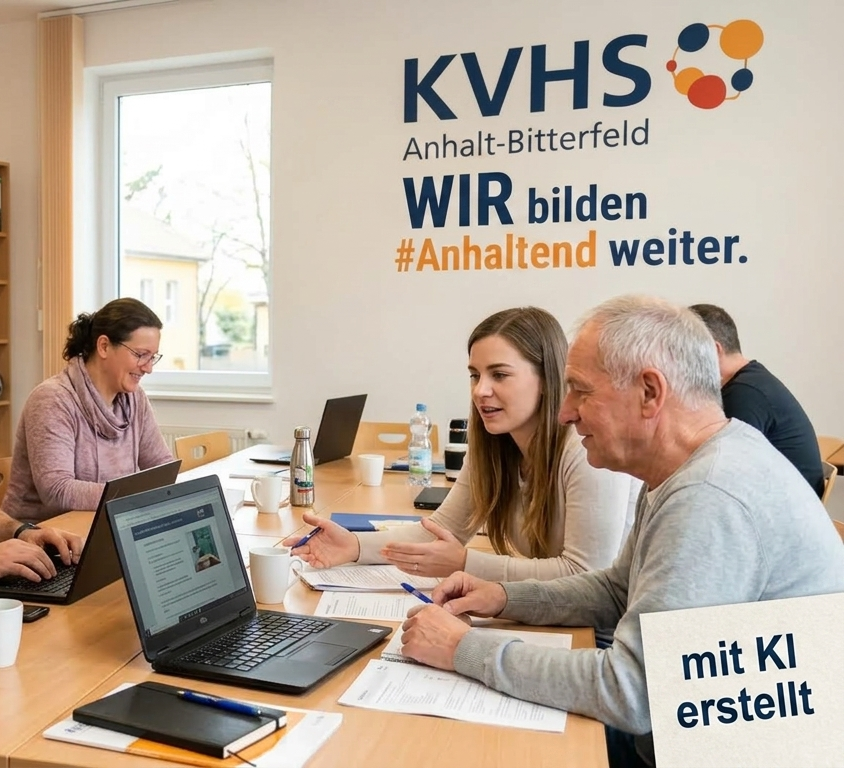 Lerneffekte an der KVHS Anhalt-Bitterfeld: Eine Gruppe Erwachsener sitzt gemeinsam an einem Tisch mit Laptops und Notizen. An der Wand steht das Logo der KVHS Anhalt-Bitterfeld mit dem Slogan „WIR bilden #Anhaltend weiter.“
